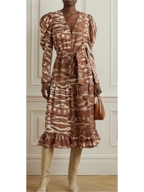 Ulla Johnson Dresses & Skirts - New Ulla Johnson Leila Belted Printed Silk Midi Dress Brown Sz 4